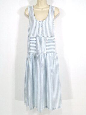 Vtg IDEAS Striped Denim Overall Jumper Sz S/M Dropped Waist Pockets Cottagecore